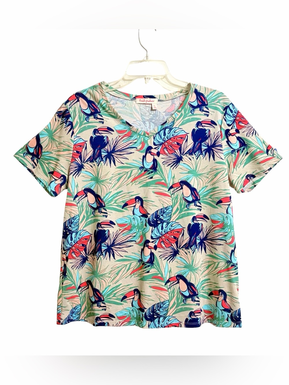 Fresh Produce Toucan Tropical V Neck Tee Shirt XL Stretch Comfy Soft Resortwear